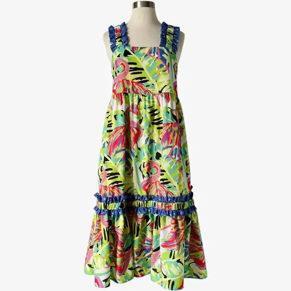 Crosby by Mollie Burch Bowie Dress Size S Green Pink Flamingo Print Resort - Picture 8 of 8